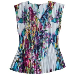 Milano Pleated Floral Print Blouse Women's Size 2X Cap Sleeve V‎ Neck Stretch